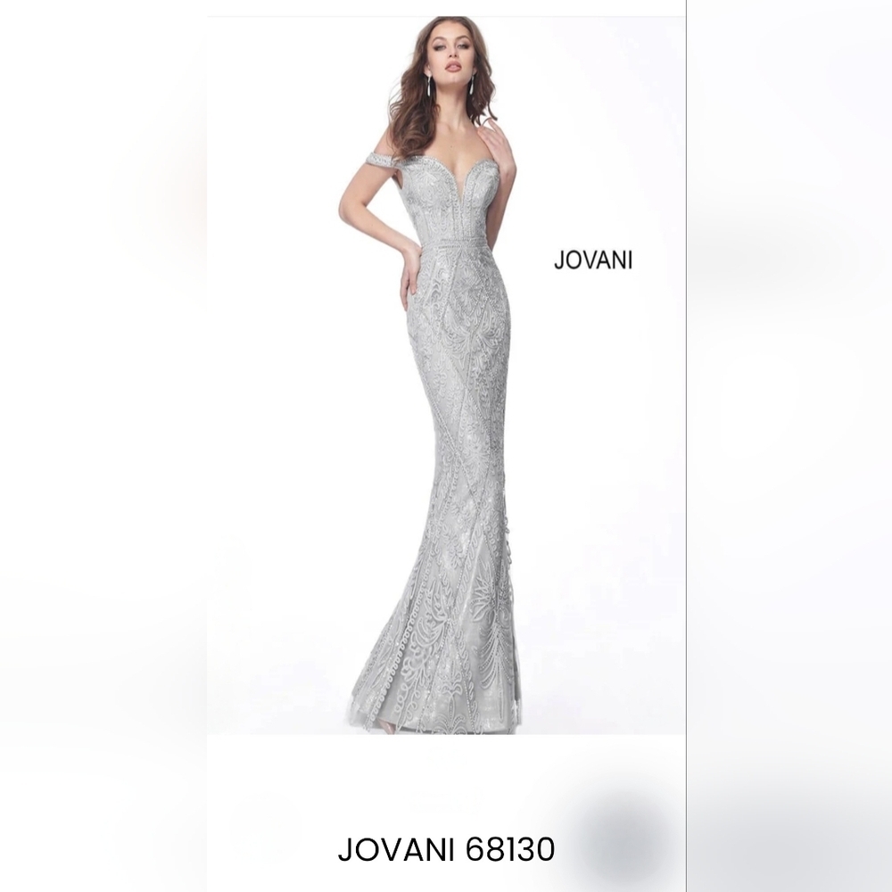 Jovani Silver Off-Shoulder Gown